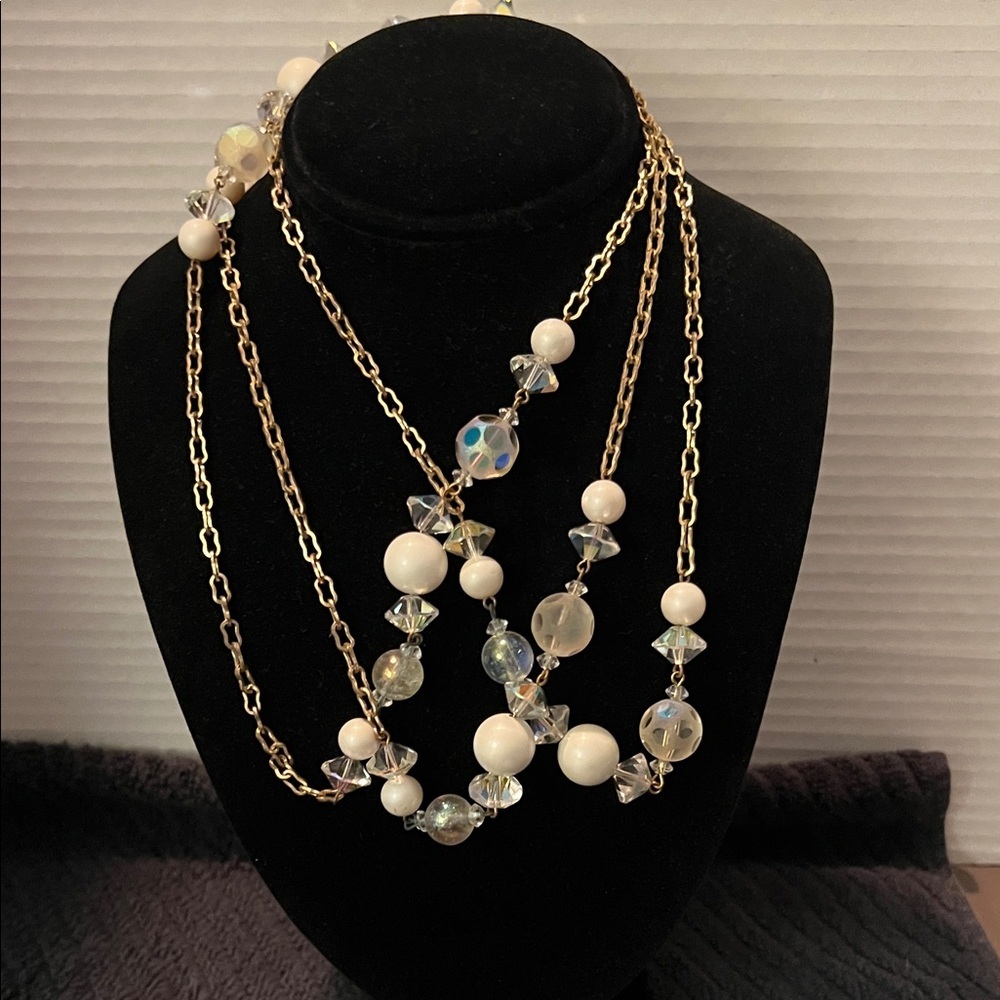 Elegant Gold and White Crystal Beaded Necklace 29” Drop